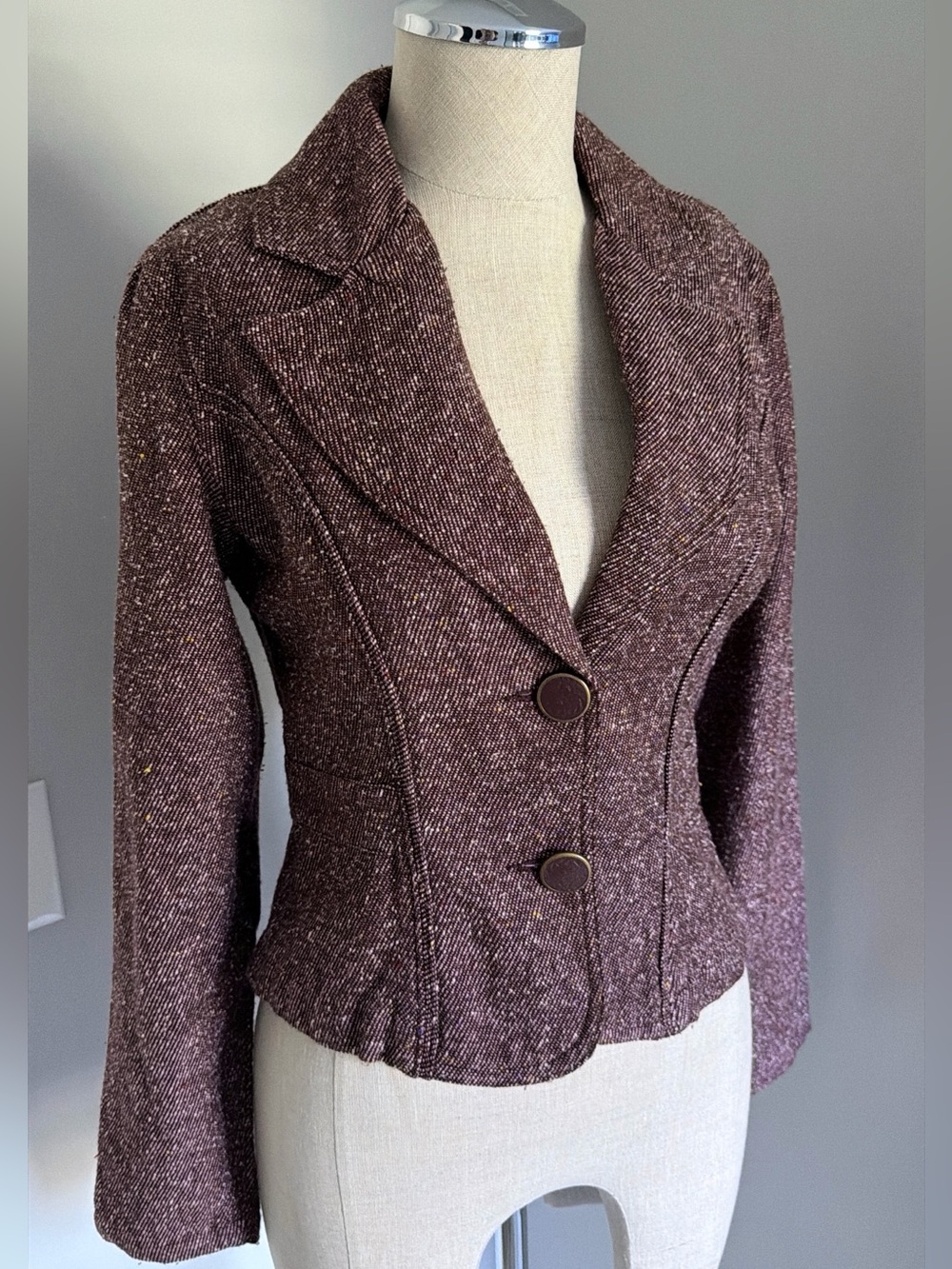2000s SO Women’s Brown Tweed Pattern Slim Lined Button Front Blazer Jacket M